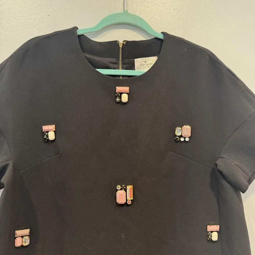 Kate Spade Shift Dress Embellished Jewel Black Short Sleeve Pockets Women sz 14